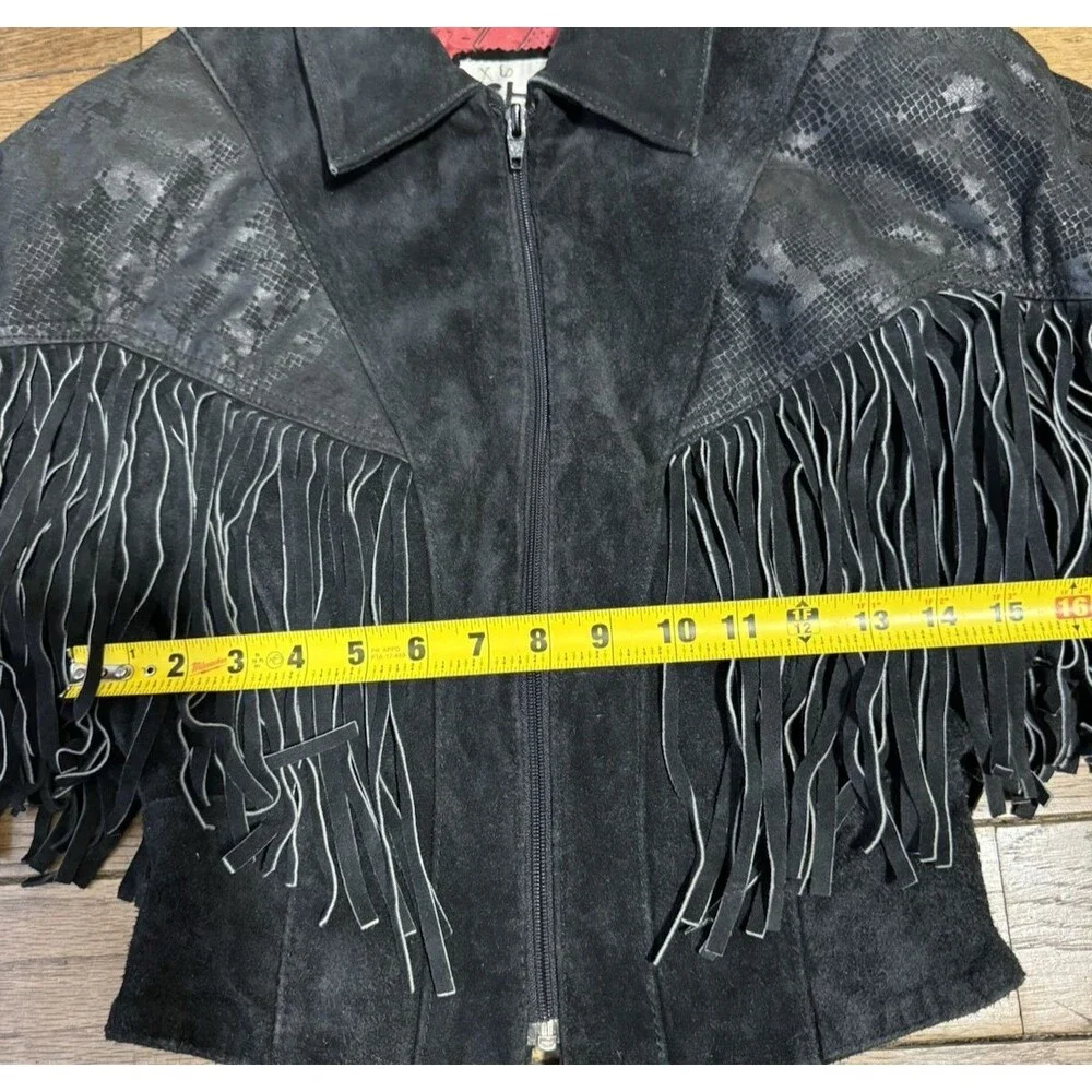 Vintage Chia Leather Jacket Womens Small Black Fringe Western Cowgirl Nashville - Picture 5 of 12